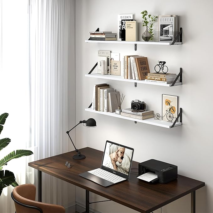 Heimlove Floating Shelves for Wall, 36 Inch Long Wood Floating Bookshelf Set of 3, Wall Mounted Hanging Shelf for Bathroom Bedroom Kitchen, White-Ruum Studio Home