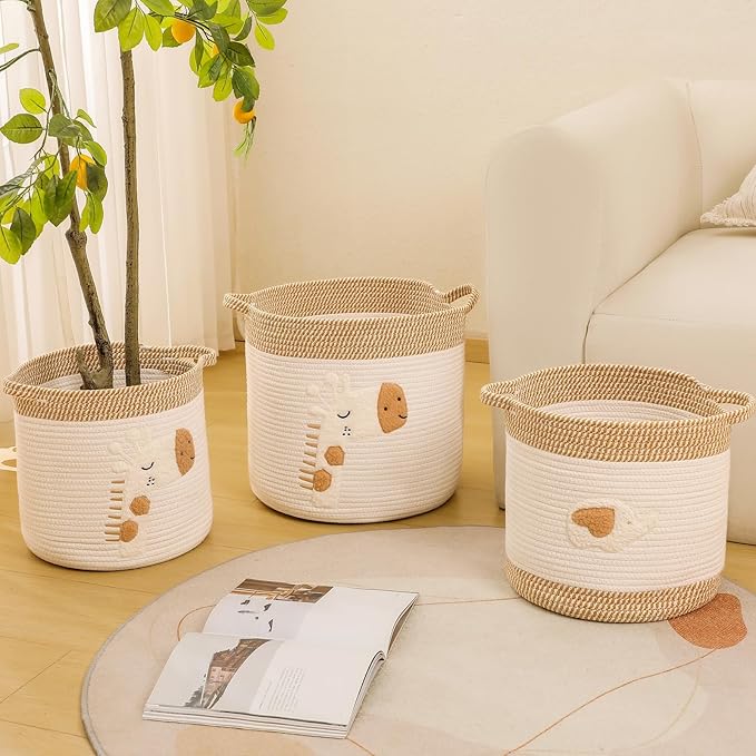 Large Blanket Baskets for Living Room Decor, Toy Storage Baskets Woven Cotton Rope Storage Basket for Kids, Dog Toys Organizer Clothes Hamper with Embroidery Decor for NurseryLaundry (Large, Giraffe)-Ruum Studio Home