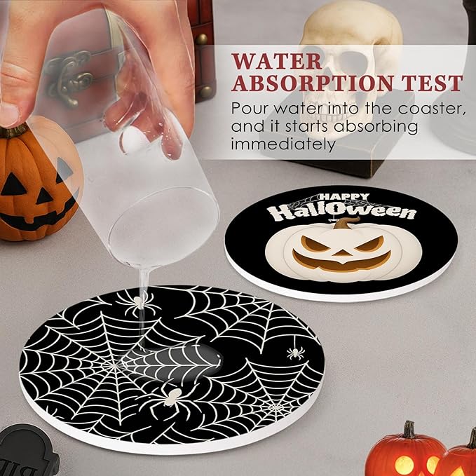 Coaster for Drinks Set of 6, Happy Halloween Pumpkin Spider Web Black Absorbent Round Ceramic Stone Mat, with Cork Base and Metal Holder, Gift for Housewarming Room Bar Decor-Ruum Studio Home