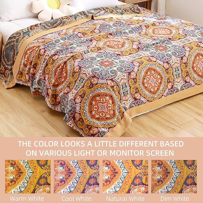 Boho Throw Blanket for Bed - 100% Pure Cotton Ultra Soft Rustic Quilt - Farmhouse Decor Bed Blankets, All Season Rustic Throw for Sofa Couch Chair(60"×80", Boho Flover)-Ruum Studio Home