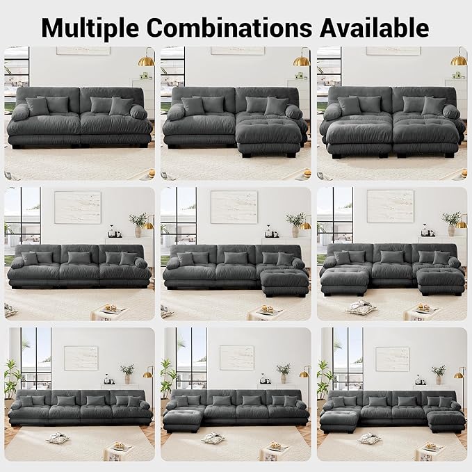 Loveseat Modular Sectional Sofa, L Shaped Couch with Ottoman, Cloud Couch Sectional Couch Home Sofa Living Room Oversized Couch Deep Seat Couch with Round Bolster Armrests 4 Pillows(Gray)-Ruum Studio Home