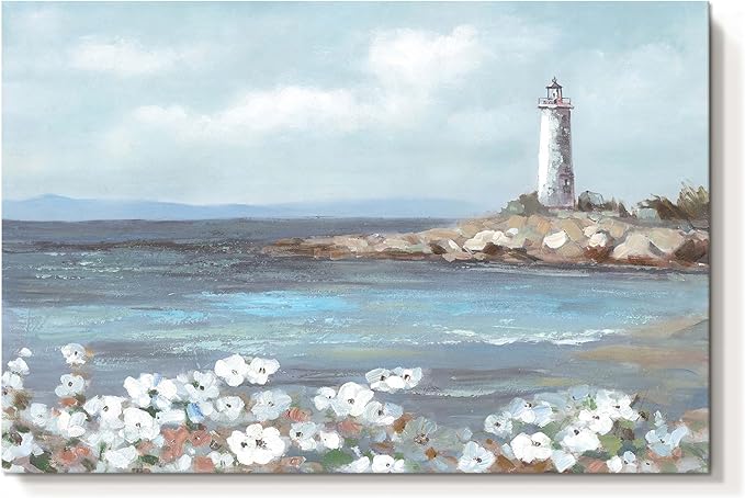cozy country Lighthouse Wall Art 36"x24" - Coastal Pictures Beach Canvas Ocean Decor - Nautical Artwork Seascape Hand Painting for Bedroom, Sea House-Ruum Studio Home