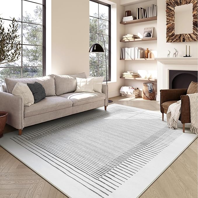 Wonnitar Washable Striped 8x10 Rugs for Living Room, Non-Slip Soft Grey Berber Stripe Bedroom Rug, Low Pile Minimalist Floor Carpet for Dining Room Living Room Office Department (Grey, 8' x 10')-Ruum Studio Home