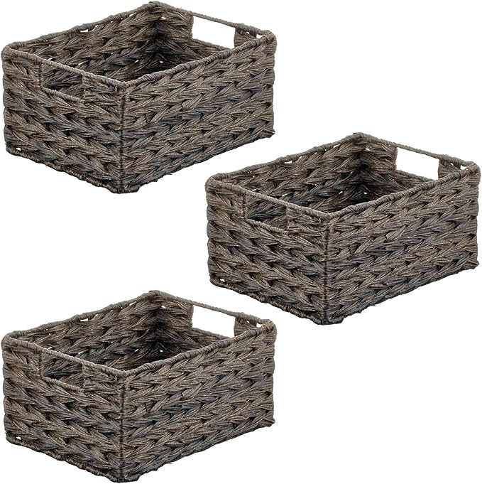 mDesign Woven Farmhouse Kitchen Pantry Food Storage Organizer Basket Bin Box, Container Organization for Cabinets, Cupboards, Shelves, Counter - Store Potatoes, Onions, Fruit, 3 Pack, Espresso Brown-Ruum Studio Home