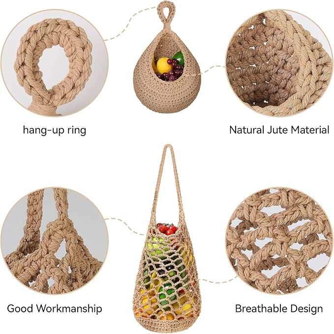 AARAINBOW Boho Wall Hanging Baskets for Kitchen Storage, Fruit Woven Wall Basket 9 Pcs, Hanging Vegetable and Onion Storage with 24 Hooks （Brown）-Ruum Studio Home