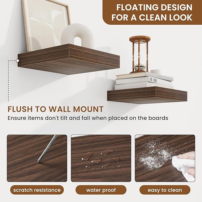 fuqing Floating Shelves for Wall, Bathroom Shelf Wall Mounted for Storage, Shelves with Invisible Bracket for Bedroom, Kitchen, Living Room, Farmhouse Small Book Shelf, 6.5 Inch Set of 3, Walnut-Ruum Studio Home