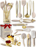 Styled Settings 23-Piece Beige and Gold Utensils Set – Silicone Nonstick Cooking Tools with Garlic Press, Can Opener, Measuring Cups, Utensil Holder – Luxury Kitchen Accessories for Modern Homes-Ruum Studio Home