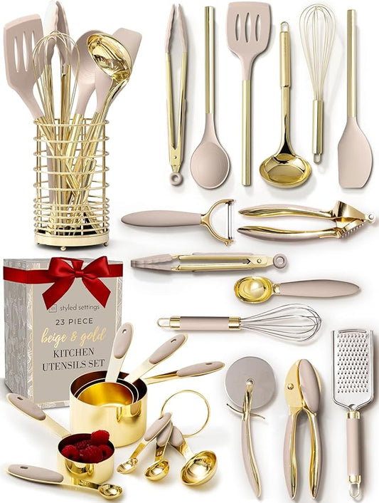 Styled Settings 23-Piece Beige and Gold Utensils Set – Silicone Nonstick Cooking Tools with Garlic Press, Can Opener, Measuring Cups, Utensil Holder – Luxury Kitchen Accessories for Modern Homes-Ruum Studio Home