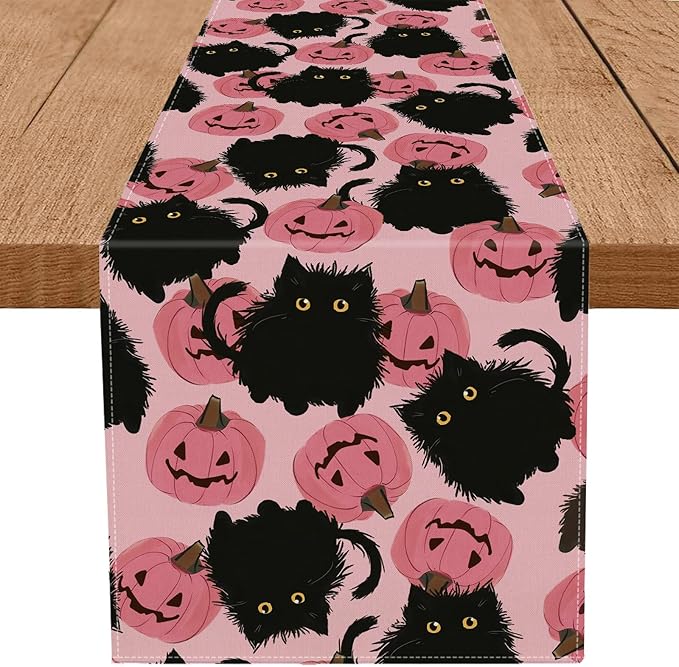 Halloween Table Runner Black Cat Pink Pumpkins Seasonal Kitchen Dining Table Home Outdoor Party Decorations 13x108 Inch-Ruum Studio Home
