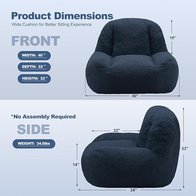 Homguava Bean Bag Chairs for Adults,Giant Beanbag Couch Adult Bean Bag Chair with Filler Included,Modern Lazy Sofa Comfy Chair for Living Room(Blue)-Ruum Studio Home