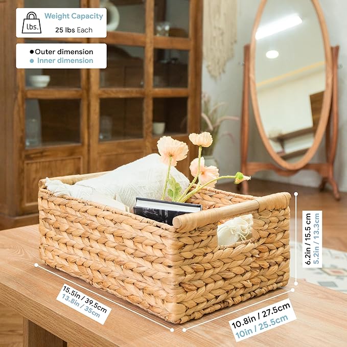 VATIMA Hyacinth Large Wicker Basket 15.5x10.8x6.2" - Rectangular, Wooden Handles, Shelf Organizer-Ruum Studio Home