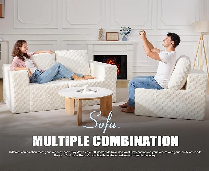 Modular Sectional Sofa 3-Seater Modular Couch with Deep Seat Memory Foam Cloud Chair with Pillows Oversized Sectional Sofa for Living Room Bedroom (Plush White, 3-Seater)-Ruum Studio Home