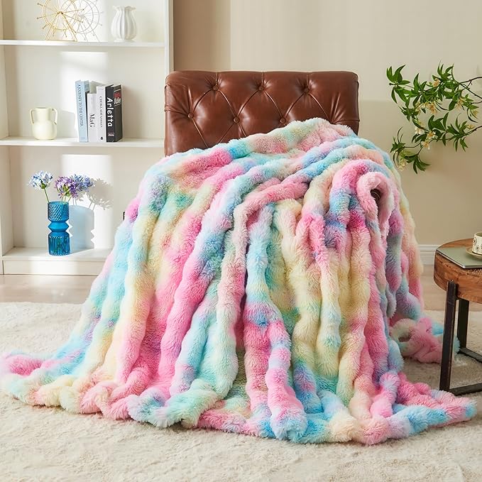 RYNGHIPY Faux Fur Throw Blanket Tie Dye Colorful Rainbow Blanket for Couch Plush Fluffy Faux Rabbit Fur Decoration Blanket for Sofa Chair Bed (Rainbow, 51''x63'')-Ruum Studio Home
