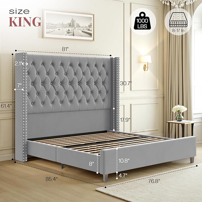PaPaJet King Size Bed Frame with 61.4" Tall Headboard, Velvet Upholstered Platform and Handmade Deep Button Tufting, No Box Spring Required, Grey-Ruum Studio Home