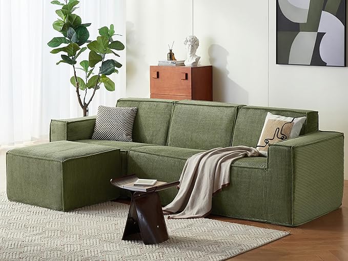 LINSY HOME Modular Sectional Sofa, 105" Boneless Couch L Shaped 3-Seat Sofa with Ottoman, Corduroy Sectional Cloud Couches for Living Room, No Assembly Required, Green-Ruum Studio Home