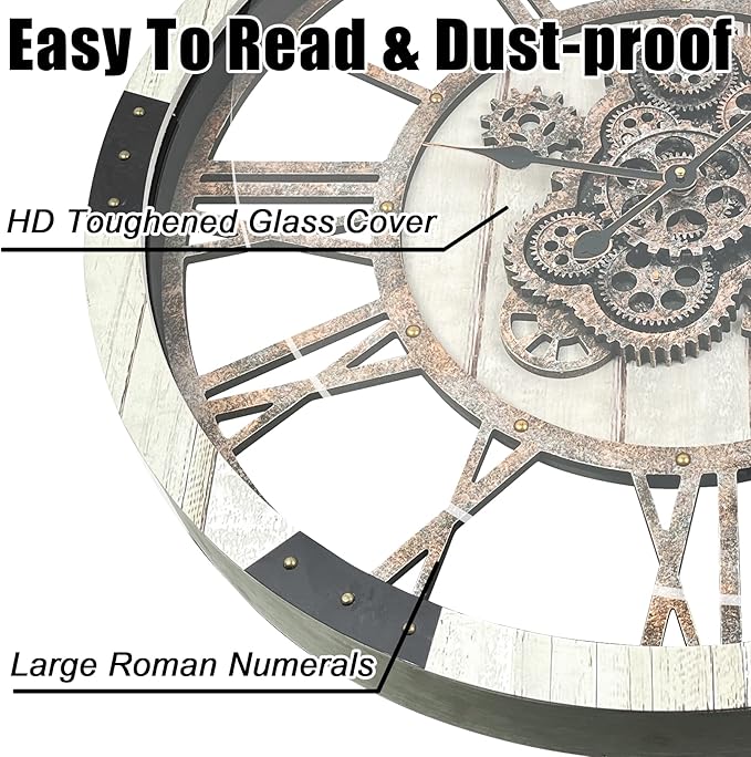 DORBOKER 24" Large Wall Clock with Moving Gears,Oversize Vintage Industrial Rustic Farmhouse Clocks for Living Room Decor Office Home,Solid Wood Retro Metal HD Tempered Glass Cover,Desert Beige-Ruum Studio Home