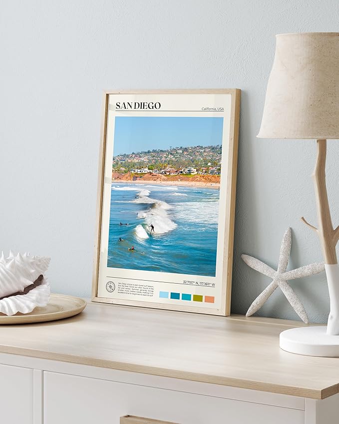 HesenDot Natural OAK Wood San Diego Surfing Framed Wall Art,12x16in Natural Seascape Canvas Wall Print,Classic Urban Landmark Wall Decor for Living Room,Bedroom,Office Gallery Gifts Set of 1-Ruum Studio Home