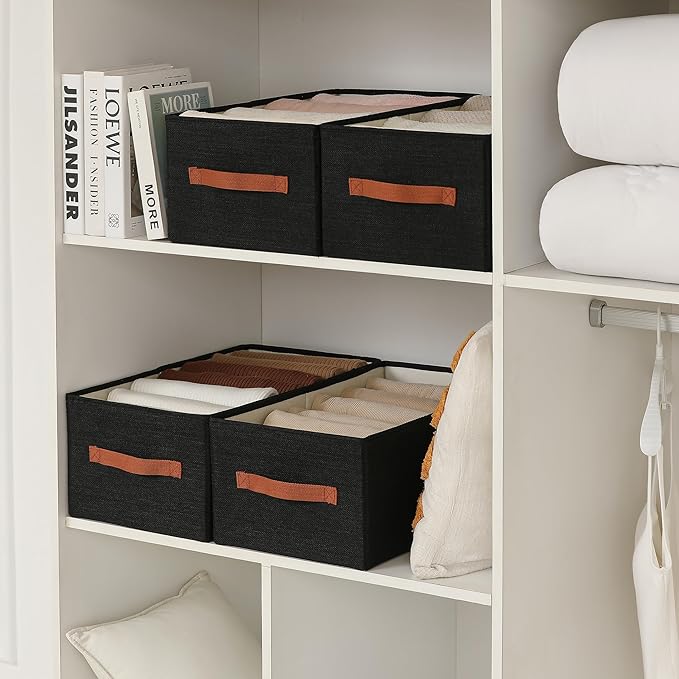 linen closet organizers and storage, 3 Pack Large Storage Baskets, Washable, Clothing Storage Bins with Handle, Closet Organizer for Storage Sweater,Sheets (Black, 18½"x11"x8½")-Ruum Studio Home
