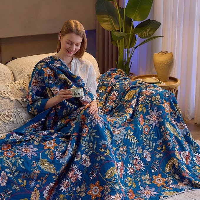 Fall Throw Blanket for Couch, Blue Boho Decorative Throw Blanket, 100% Cotton Muslin Breathable Woven Farmhouse Blankets Quilt, 90"x98" Reversible Lightweight Blankets Bohemian Throw Quilt-Ruum Studio Home