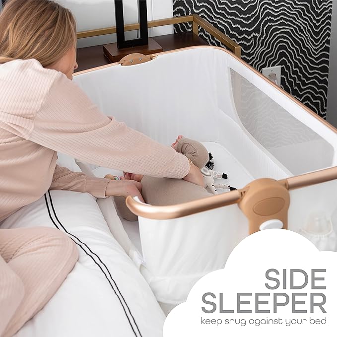 KoolerThings Baby Bassinet, Bedside Sleeper for Baby, Easy Folding Portable Crib with Storage Basket for Newborn, Bedside Bassinet, Comfy Mattress/Travel Bag Included (Bassinet) (White & Gold)-Ruum Studio Home