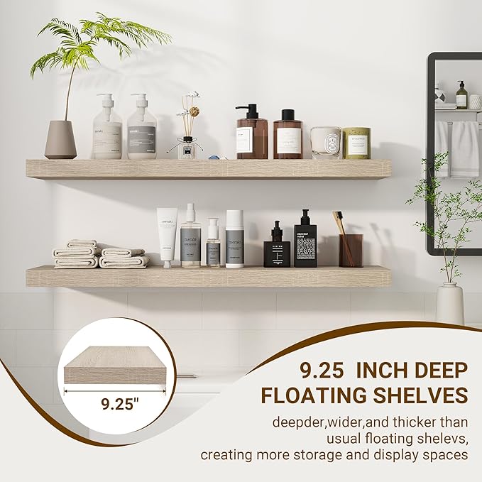36 Inch Floating Shelves, 3D Textured Wood Grain, 36"x9.25"x1.5" Inch Deep Floating Shelves for Wall, Wooden Shelves for Bathroom, Bedroom, Living Room, Vintage White Oak-Ruum Studio Home