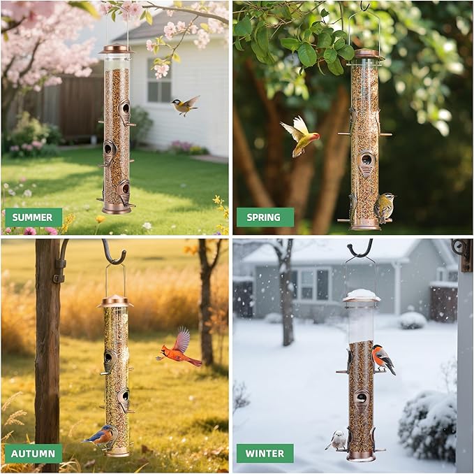 MIXXIDEA Metal Tube Bird Feeders for Outdoors - 6 Ports Hanging Feeder Attracts Wild Birds in Your Lawn, Garden, Balcony - Antique Copper - 1 Pack-Ruum Studio Home