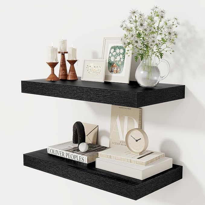12 Inch Deep Black Floating Shelves, 24 x 12 Floating Shelf for Books, Rustic Wood Deep Wall Shelves for Home Storage & Display, 2" Thicked Shelves for Kitchen, Living Room, Bedroom, 2 Pack-Ruum Studio Home