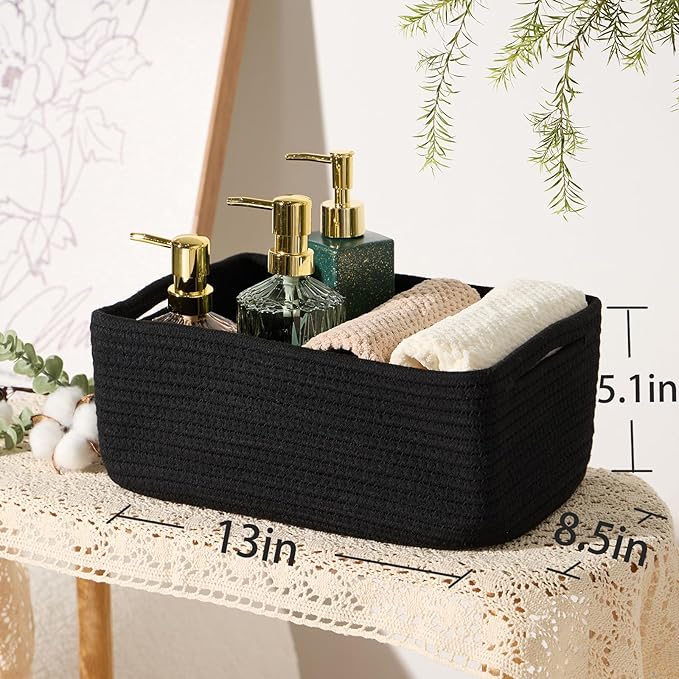 Small Storage Baskets for Organizing | Closet Organizer Bins | Shelf Toy Basket | Woven Rope Baskets | Cube Decorative Box | Shallow Basket | 13x8.5x5.1” | 4 Packs Black-Ruum Studio Home