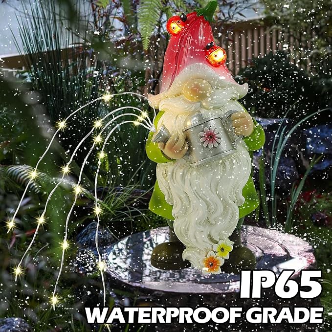 Joliyoou Solar Garden Statue Outdoor Decor, 10.2" H Resin Gnome with Watering Can & Solar Fairy Lights, Waterproof Standing Gnome Figurine for Lawn Yard Pathway Patio Front Door Decoration-Ruum Studio Home
