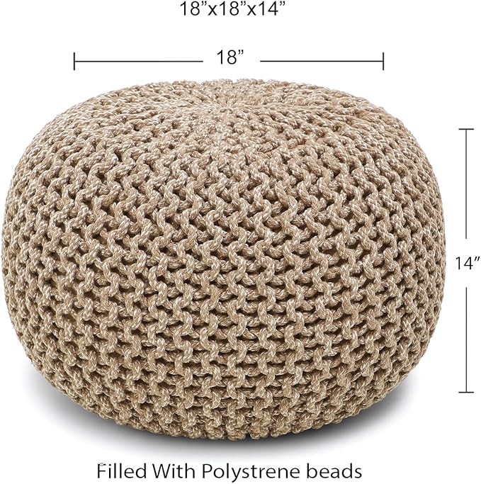 REDEARTH Round Pouf Ottoman - Hand Knitted Cable Boho Poof Home Décor Pouffe Circular Footrest for Living Room - Nursery - Bedroom - Lounge 100% Cotton (18”x18”x14”) - Beige Ivory-Ruum Studio Home