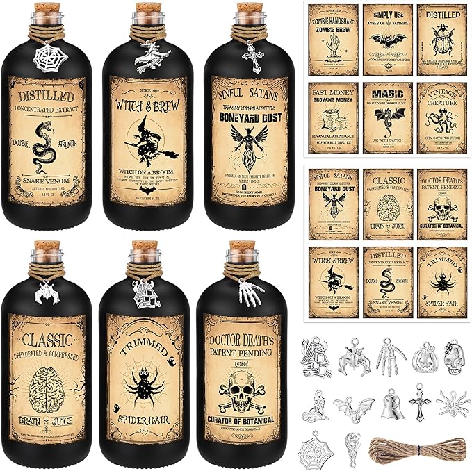 Uiifan 31 Pcs Halloween Potion Bottles Set Including Glass Apothecary Bottles with Cork Stickers and Pendants Halloween Decorations Indoor Party Supplies (Black,8.5 oz)-Ruum Studio Home