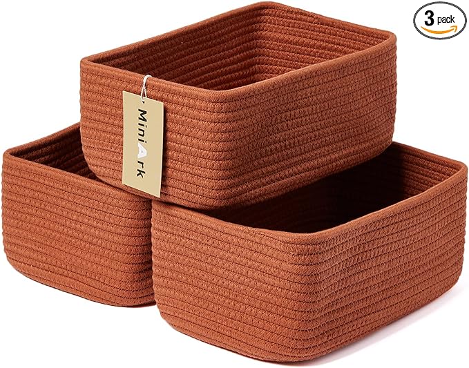 Small Storage Baskets for Organizing | Closet Organizer Bins | Shelf Toy Basket | Woven Rope Baskets | Cube Decorative Box | Shallow Basket | 11.5x7.5x4.7” | 3 Packs Oxide Red-Ruum Studio Home
