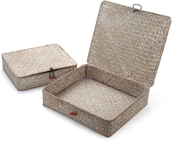 Whitewash Seagrass Basket with Lid Rectangular Decorative Storage Boxes for Shelf Organize Snack Toys Set of 2 (Large+Small)-Ruum Studio Home