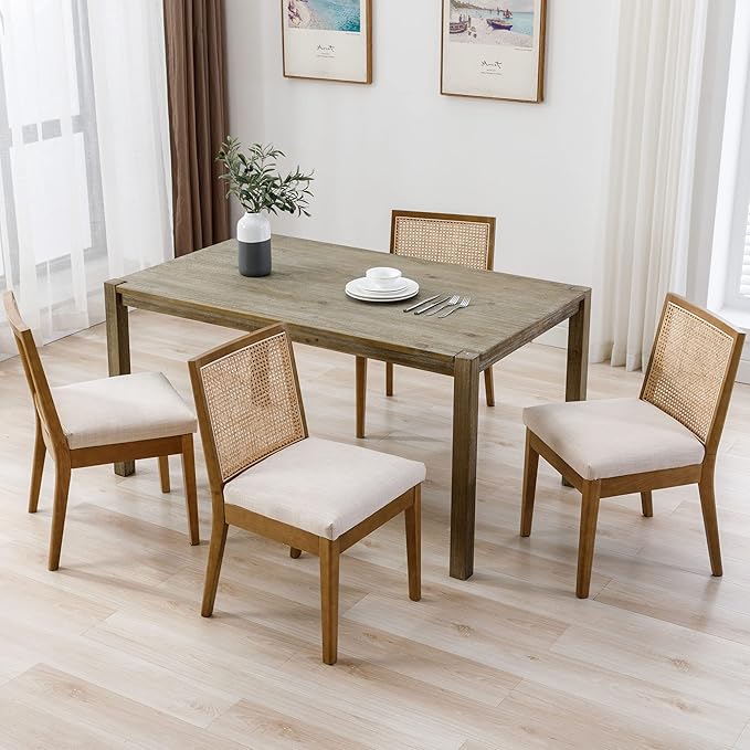 VESCASA Upholstered Dining Chairs with Square Rattan Back, Armless Padded Linen Cushion Dining Chairs with Wood Legs for Dining Room, Kitchen, Set of 4, Natural Frame-Ruum Studio Home
