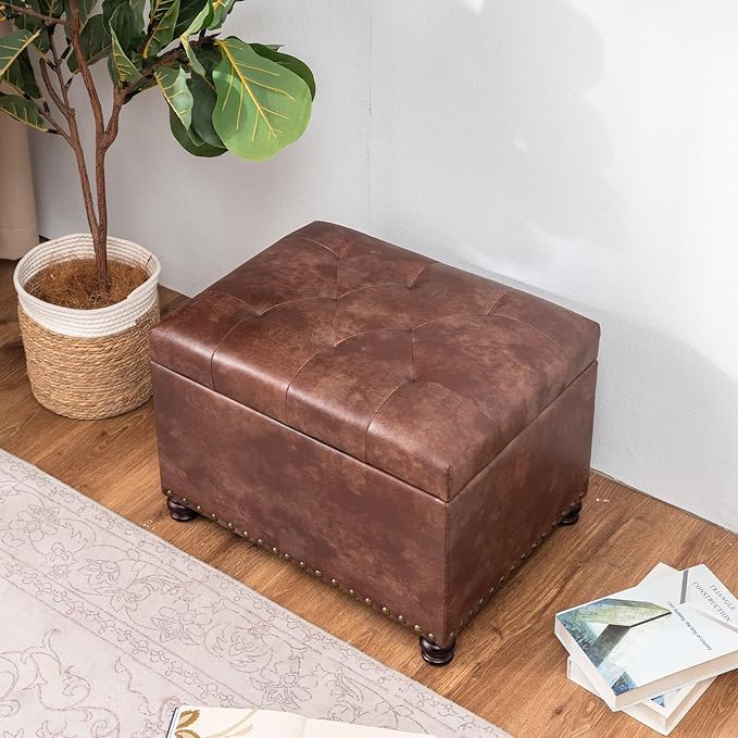Joveco Leather Storage Ottoman, 24" Rectangle Tufted Square Upholstered Bench, Foot Rest Stool with Wood Legs, Footstool for Living Room Bedroom, Coffee-Ruum Studio Home