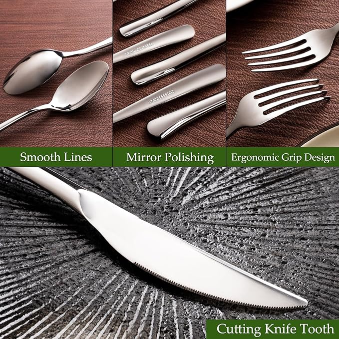 Aisoso 20-Piece High-End Silverware Set with Forks Spoons and Knives, Stainless Steel Serving Utensils for 4 with Mirror Finished Handle, Durability and Dishwasher Safe for Restaurant, Weddings-Ruum Studio Home