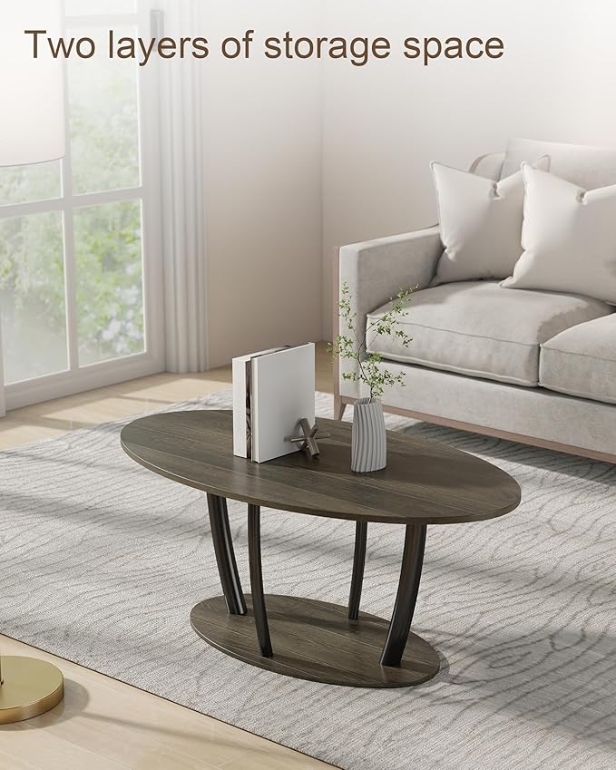 Manora Small Oval Coffee Table with Storage, Rustic Farmhouse Industrial Center Table for Living Room, VintageTea Table for Small Spaces, Gray-Ruum Studio Home