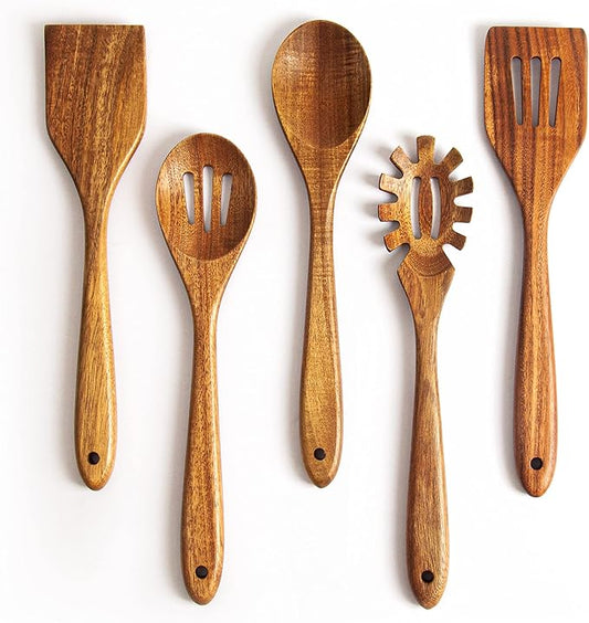Acacia Wooden Spoons for Cooking: 5-Piece Kitchen & Cooking Utensils Set - Wooden Spatula, Slotted & Pasta Spoon - Essential Wooden Utensil Set-Ruum Studio Home