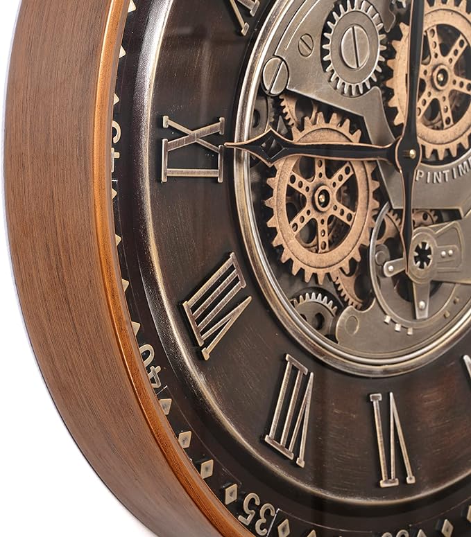 CLXEAST 24 Inch Wall Clock with Moving Gears,Oversized Large Industrial Steampunk Clock, Antique Gold Metal Roman Numeral Wall Clocks for Farmhouse Living Room Decor-Ruum Studio Home