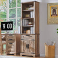 RedLemon Bookshelf with Storage Cabinet, 72" Tall Farmhouse Bookcase with Adjustable Shelves and Barn Door, 4 Tier Office Wood Bookshelf with Retro Metal Handles for Office, Library (Natural Oak)-Ruum Studio Home