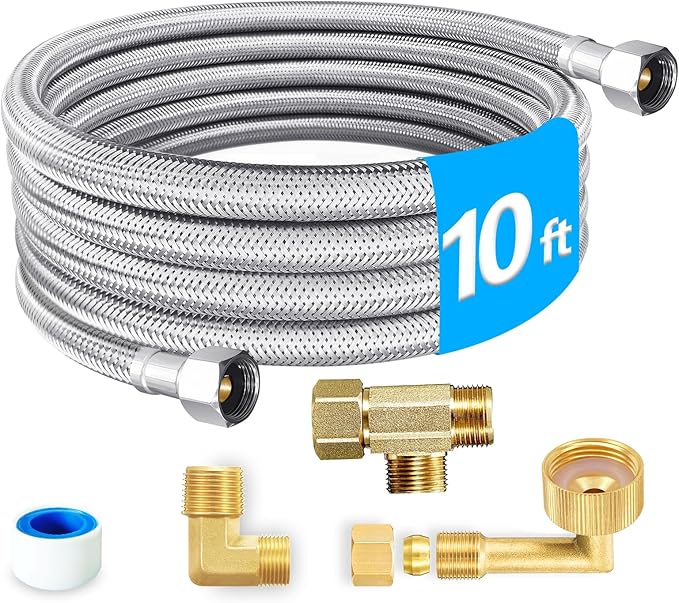 Dishwasher Installation Kit - 10 FT Stainless Steel Braided Dishwasher Hose kit,Food Grade PEX Inner Tube Water Line with Add A Tee,3/8"MIP Elbow,3/8"x3/4"FHT Elbow-Ruum Studio Home