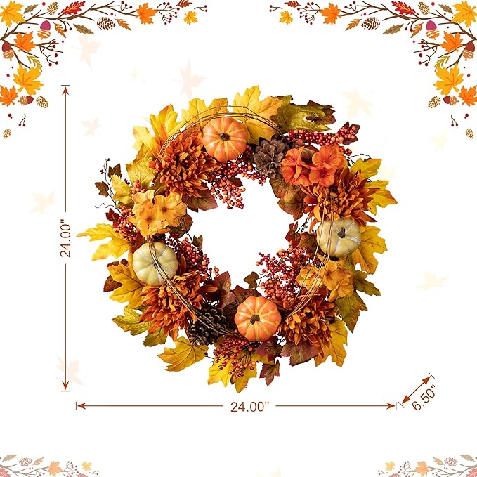 Glitzhome 24 inch Artificial Fall Wreath Decor, Autumn Maple Leaf Wreath for Front Door with Dahlia Pumpkin, Leaf and Berry Wreaths for Autumn Harvest Thanksgiving Halloween Decor-Ruum Studio Home