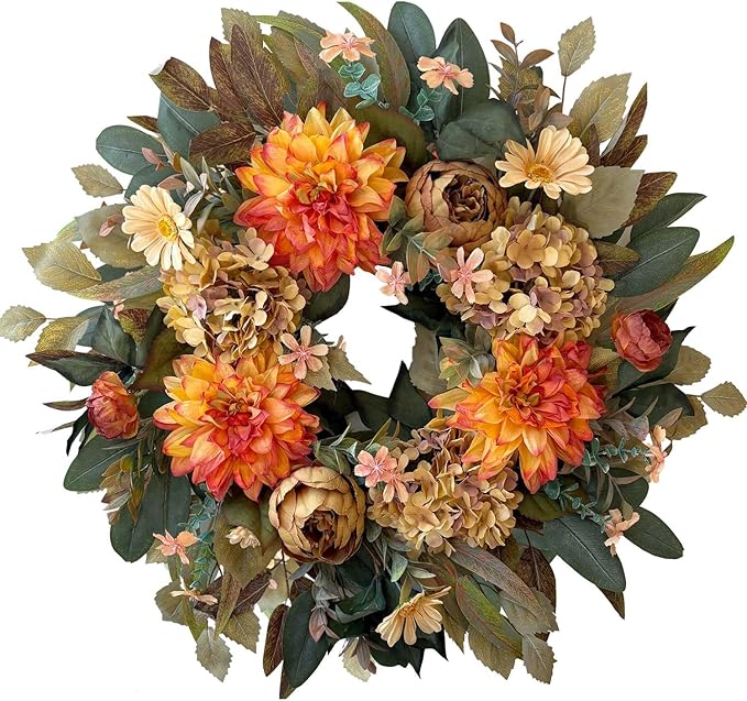 WANNA-CUL 24 Inch Spring Fall Wreaths for Front Door,Fall Wreath with Orange Hydrangea&Peony and Dahlia Flowers-Fall Decoration for Home-Large Fall Decor Door Wreath for Autumn,Harvest-Ruum Studio Home