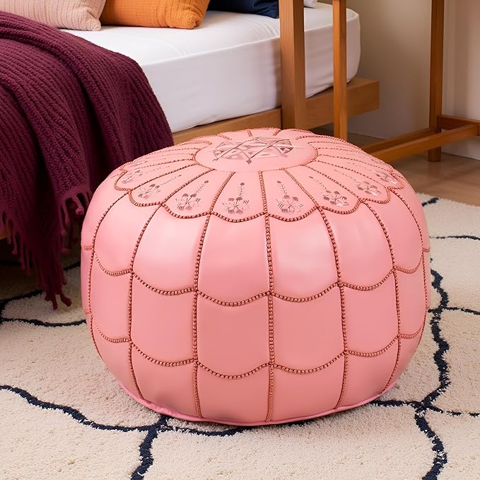 Stuffed Arch Design Moroccan Leather Pouf Ottoman, Handmade, Pre-Filled, 100% Genuine Leather, 14” Height x 22” Diameter – Boho Chic Footstool & Living Room Décor (Pink)-Ruum Studio Home