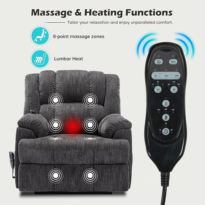 Power Lift Chair with Vibration Massage Heat for Elderly People, Dual Motor Electric Lay Flat Recliner Chair with Power-Remote, Standing Assistance Reclining, Chenille Dark Gray-Ruum Studio Home