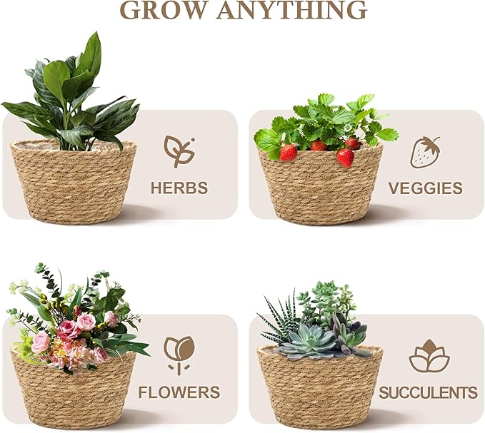 Athaliah Plant Basket Set of 3, Indoor Woven Planter Baskets with Plastic Liner, Water Hyacinth and Corn Husk Decorative Pots for Rustic Home & Floor Plant Decor (Natural Color-3)-Ruum Studio Home