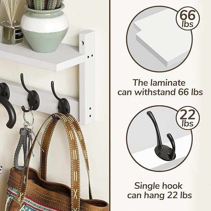 AMBIRD 34.2" L Wooden Wall Coat Hooks with Shelf - Versatile and Decorative Wall-Mounted Storage - 10 Hooks for Hanging Coats, Hats, Keys, Bags, Scarves - Ideal for Entryways, Bedrooms, Closets(White)-Ruum Studio Home
