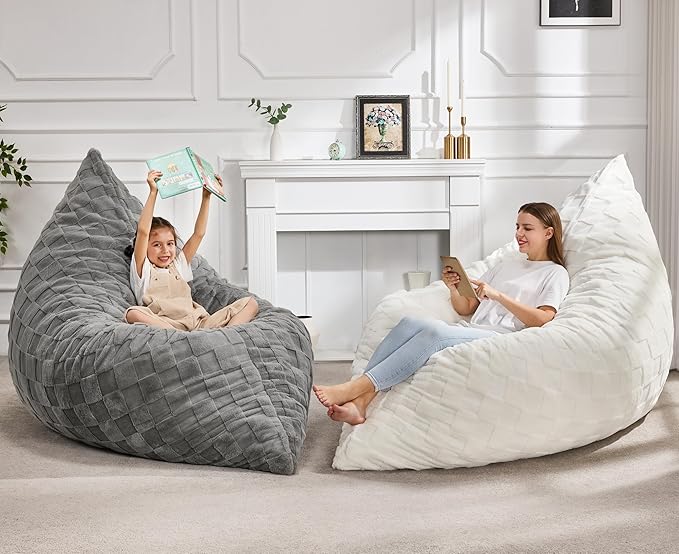 Hobestluk 3 in 1 Bean Bag Chair Giant Bean Bag Chairs for Adults with Plaid Cover Convertible Bean Bag Floor Cushion with Machine Washable Cover for Living Room (Plaid Grey)-Ruum Studio Home