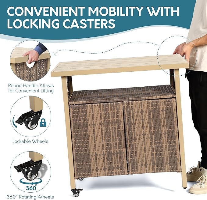 Outdoor Indoor Storage Cabinet with Rolling Wheels, Patio Serving Cart with Bar Table and Wicker Cabinet, Kitchen Island Prep Table, Beige-Ruum Studio Home