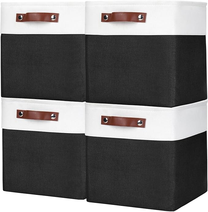 Collapsible Fabric Storage Cubes 11x11 Cube Storage Bins, 4 Pack Closet Baskets Box with Handles for Organizing, Shelf, Toys, Clothes, Home, Office, Nursery (Black&White)-Ruum Studio Home